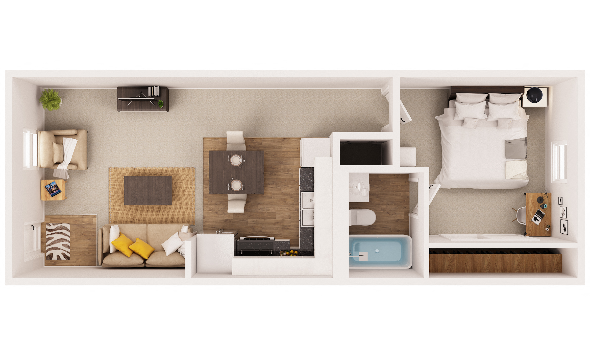 Floor plan for 1 bed, 1 bath, 600 sqft